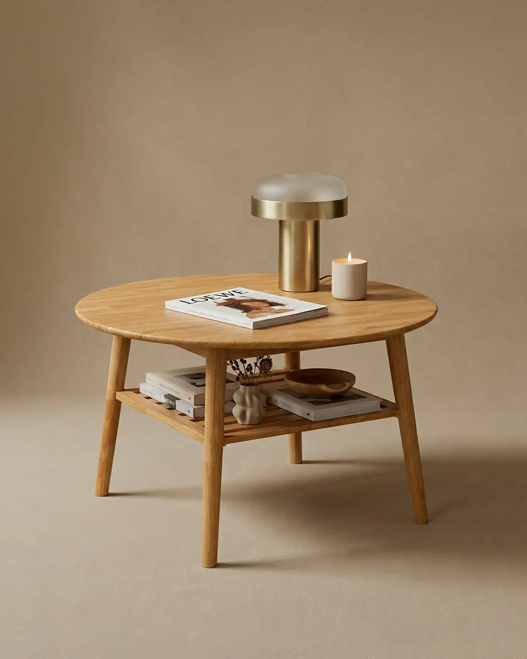 Erie Eichen-Runder Couchtisch mit Ablage – Skandinavisches Couchtisch-Design
