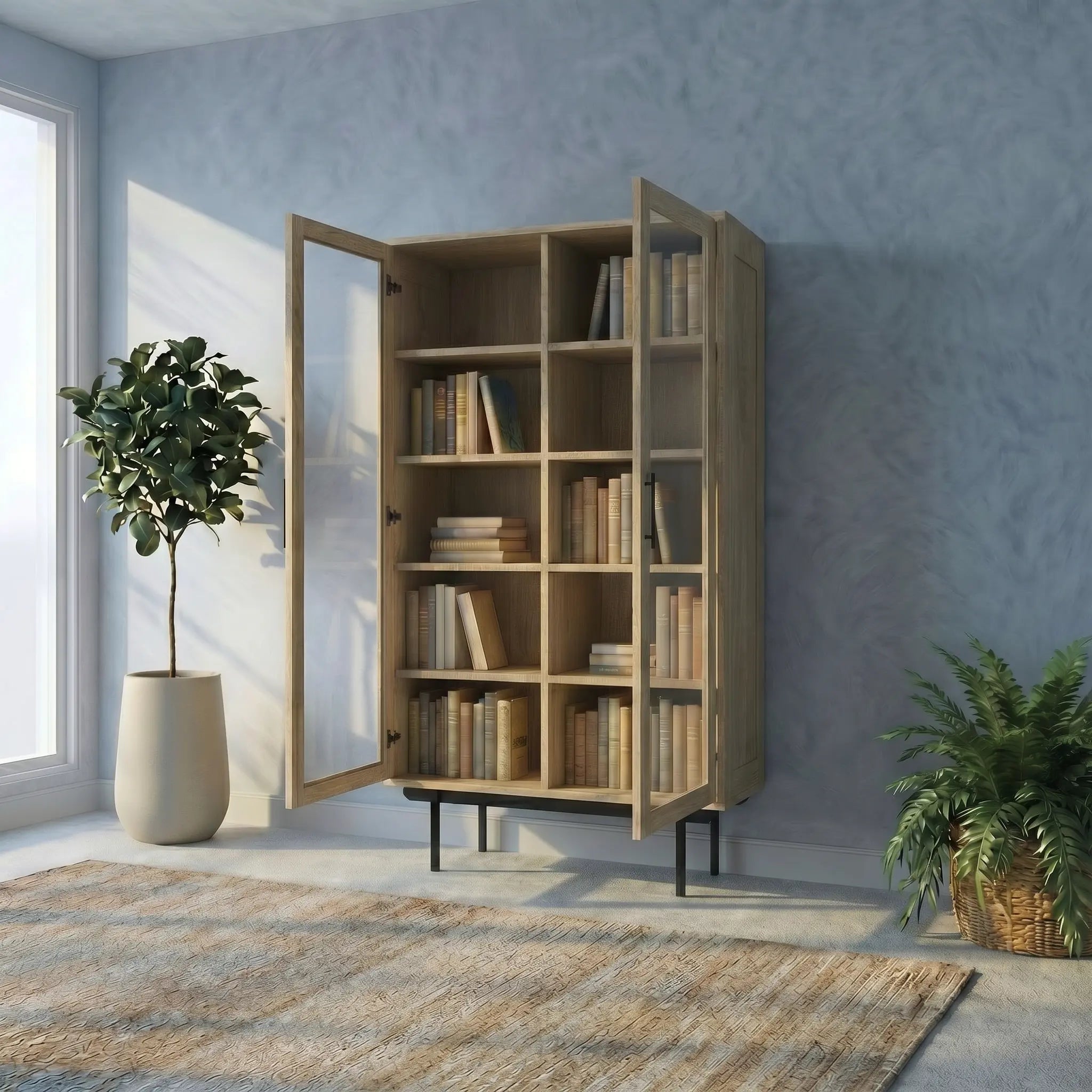 Veneto Italia Cabinets Biwa Oak Cabinet Two Glass Doors
