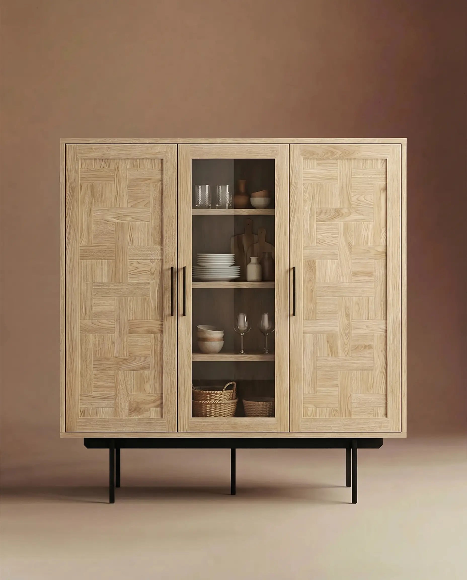 Veneto Italia Cabinets Biwa Oak Highboard Patterned Doors