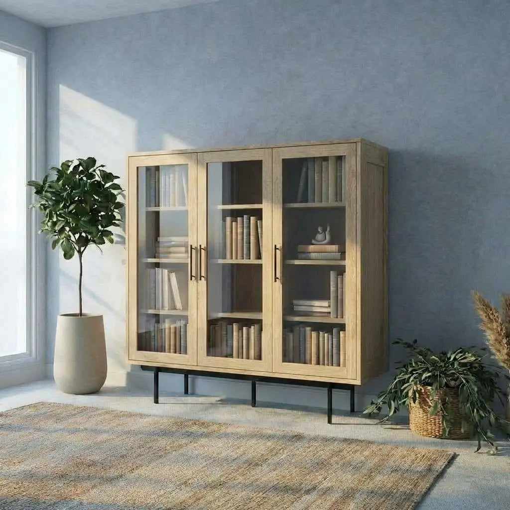 Veneto Italia Cabinets Biwa Oak Highboard with Glass Doors