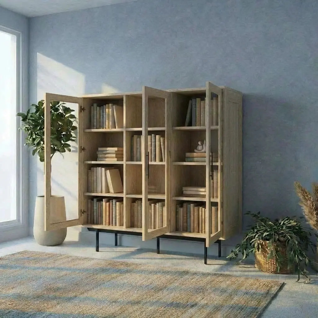 Veneto Italia Cabinets Biwa Oak Highboard with Glass Doors