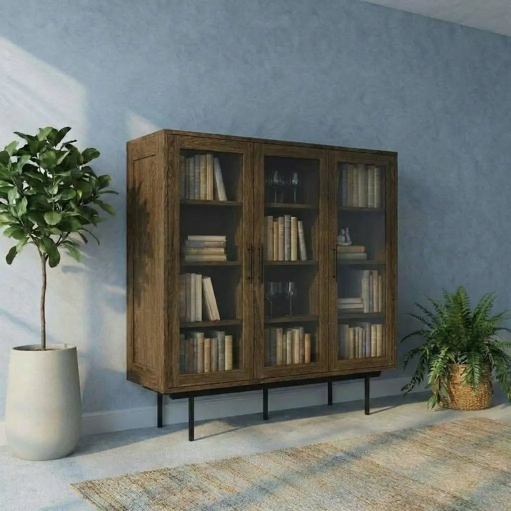Veneto Italia Cabinets Biwa Oak Highboard with Glass Doors