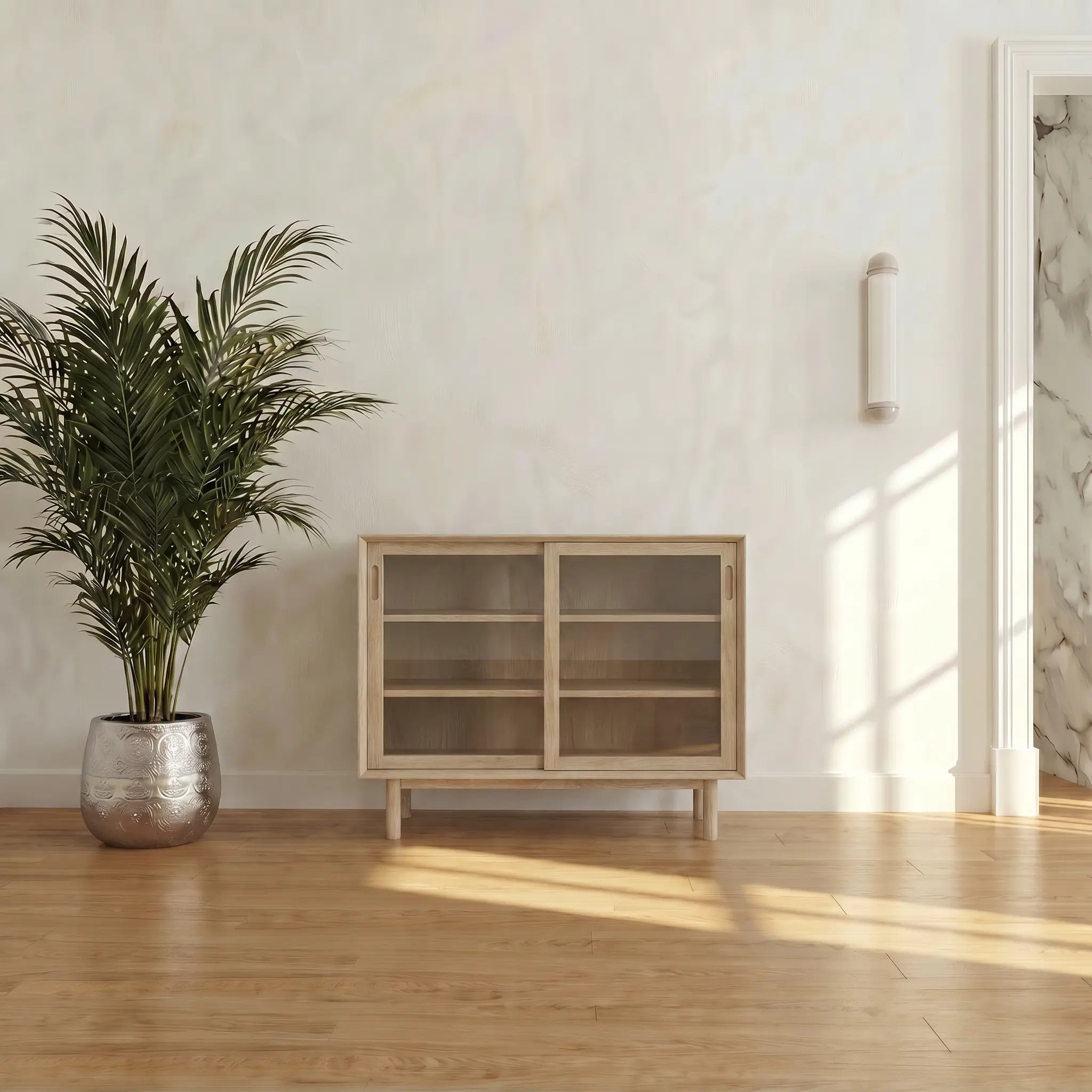 Veneto Italia Cabinets Kodama Glass Cabinet – Modern Oak Storage Cabinet with Glass Doors