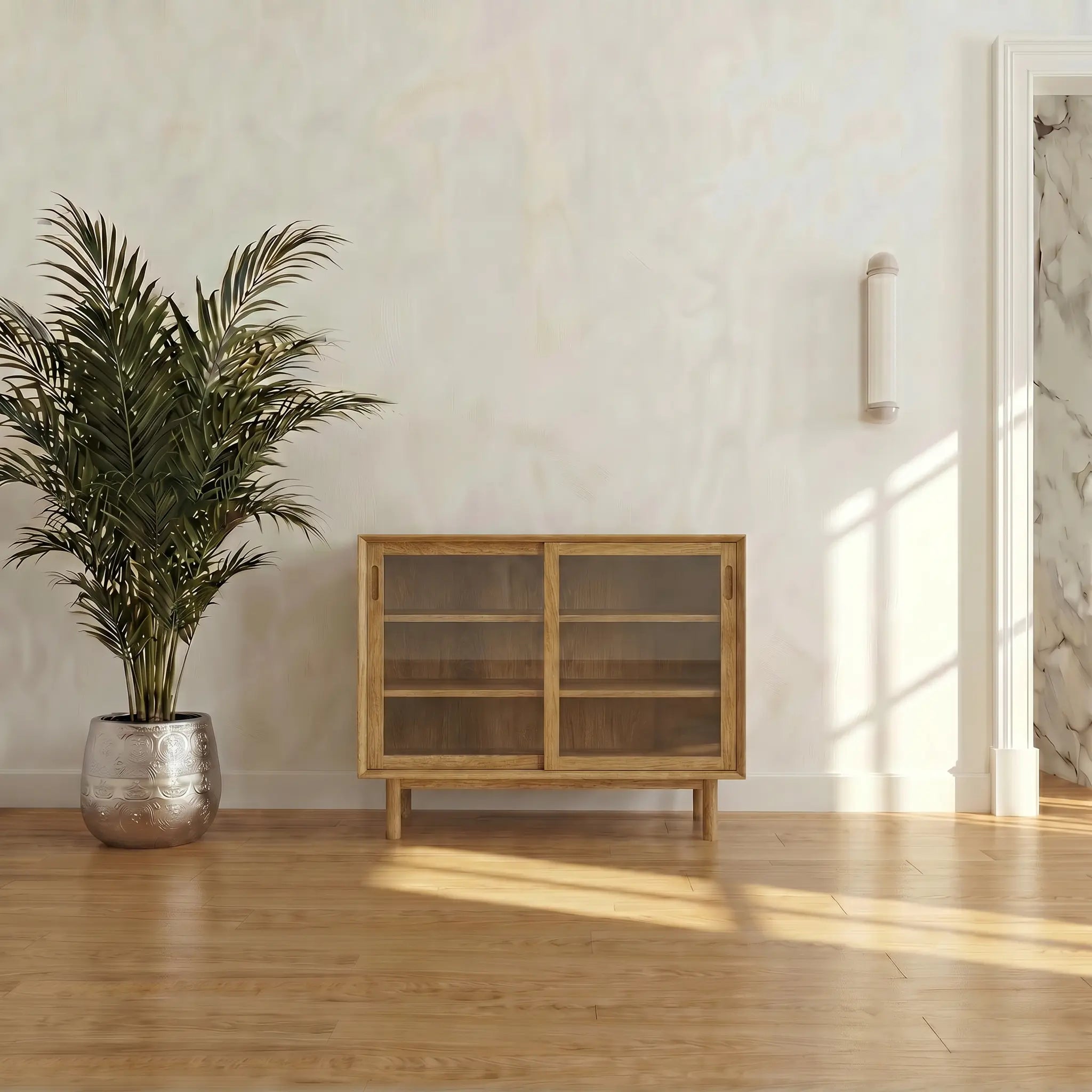 Veneto Italia Cabinets Kodama Glass Cabinet – Modern Oak Storage Cabinet with Glass Doors