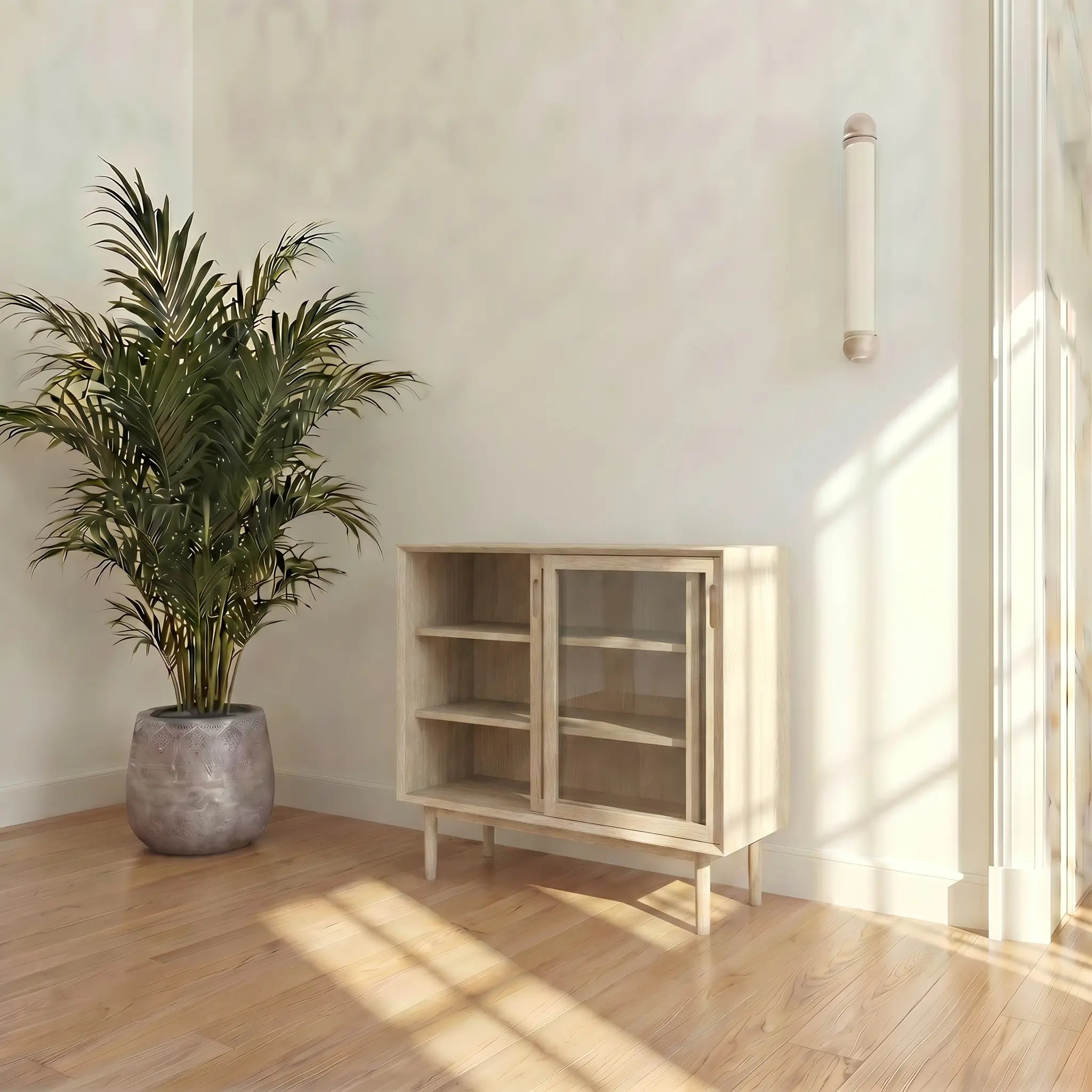 Veneto Italia Cabinets Kodama Glass Cabinet – Modern Oak Storage Cabinet with Glass Doors