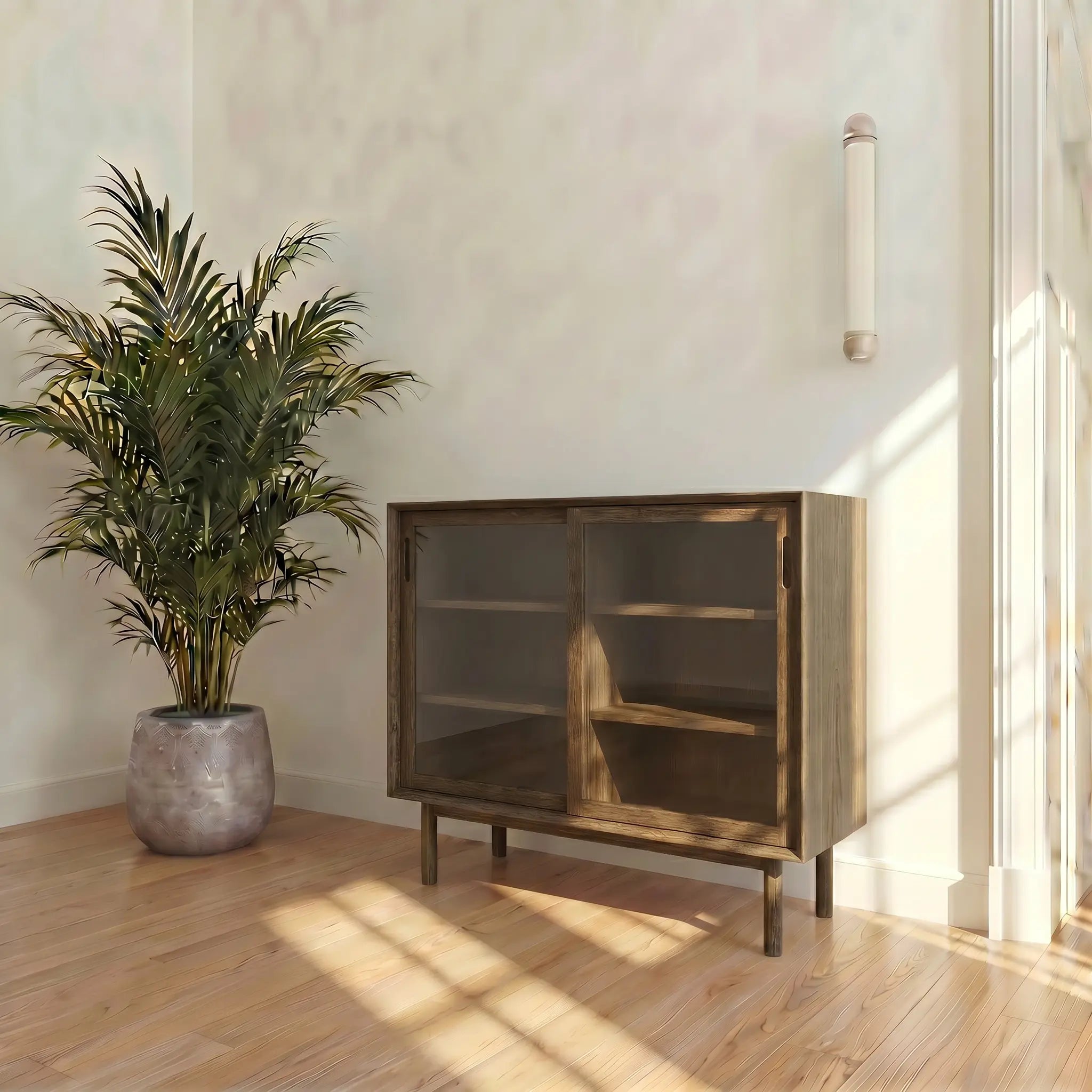 Veneto Italia Cabinets Kodama Glass Cabinet – Modern Oak Storage Cabinet with Glass Doors