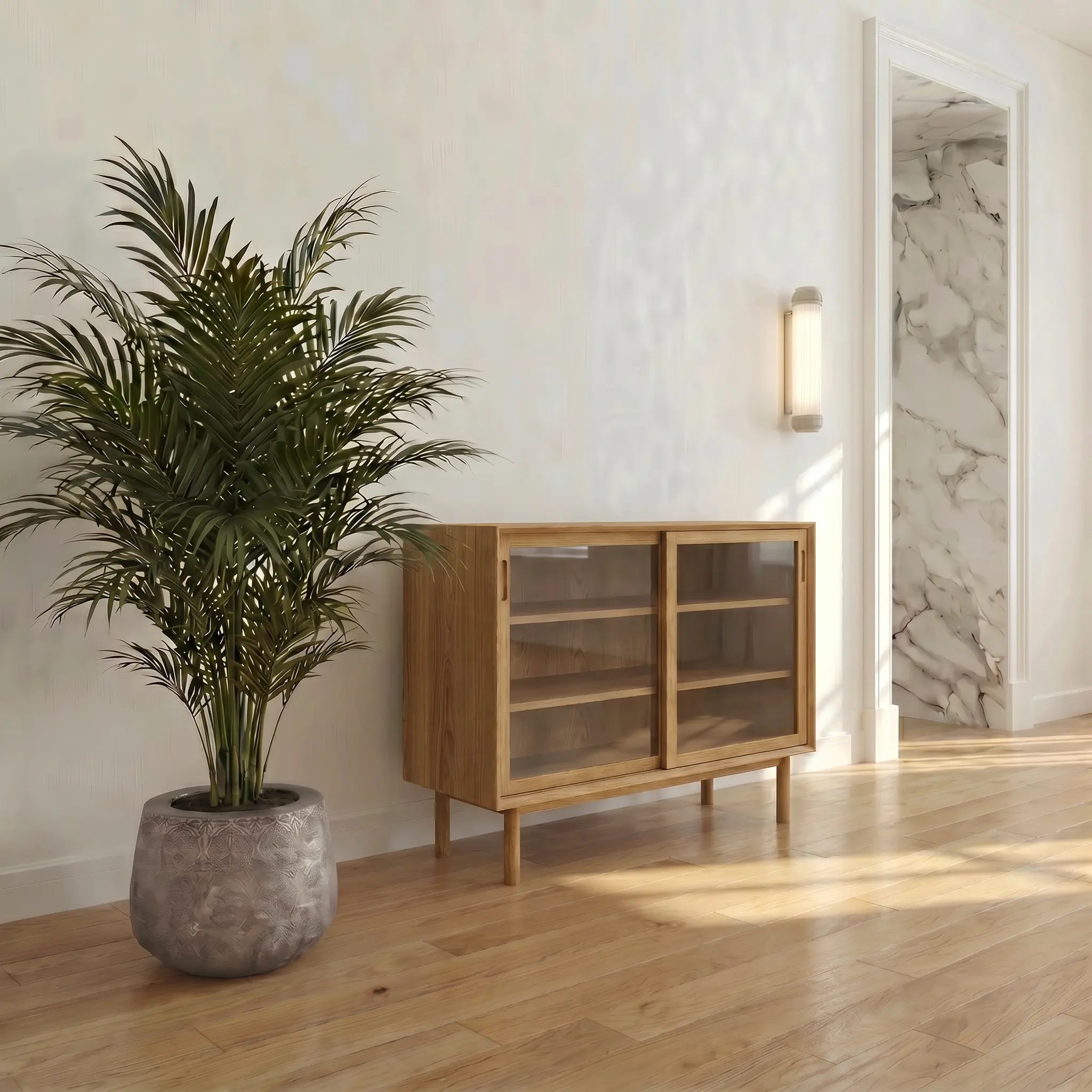Veneto Italia Cabinets Kodama Glass Cabinet – Modern Oak Storage Cabinet with Glass Doors