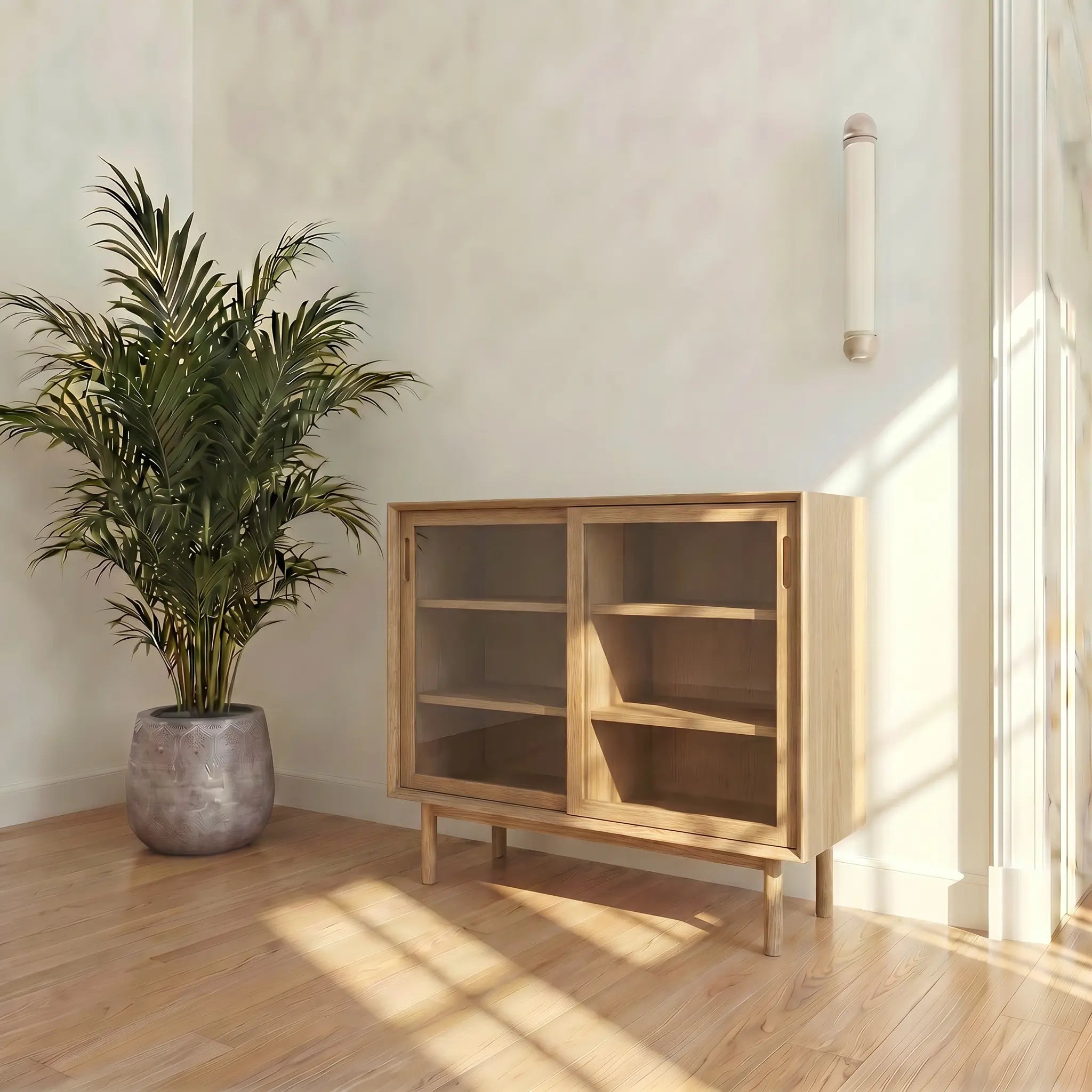 Veneto Italia Cabinets Kodama Glass Cabinet – Modern Oak Storage Cabinet with Glass Doors