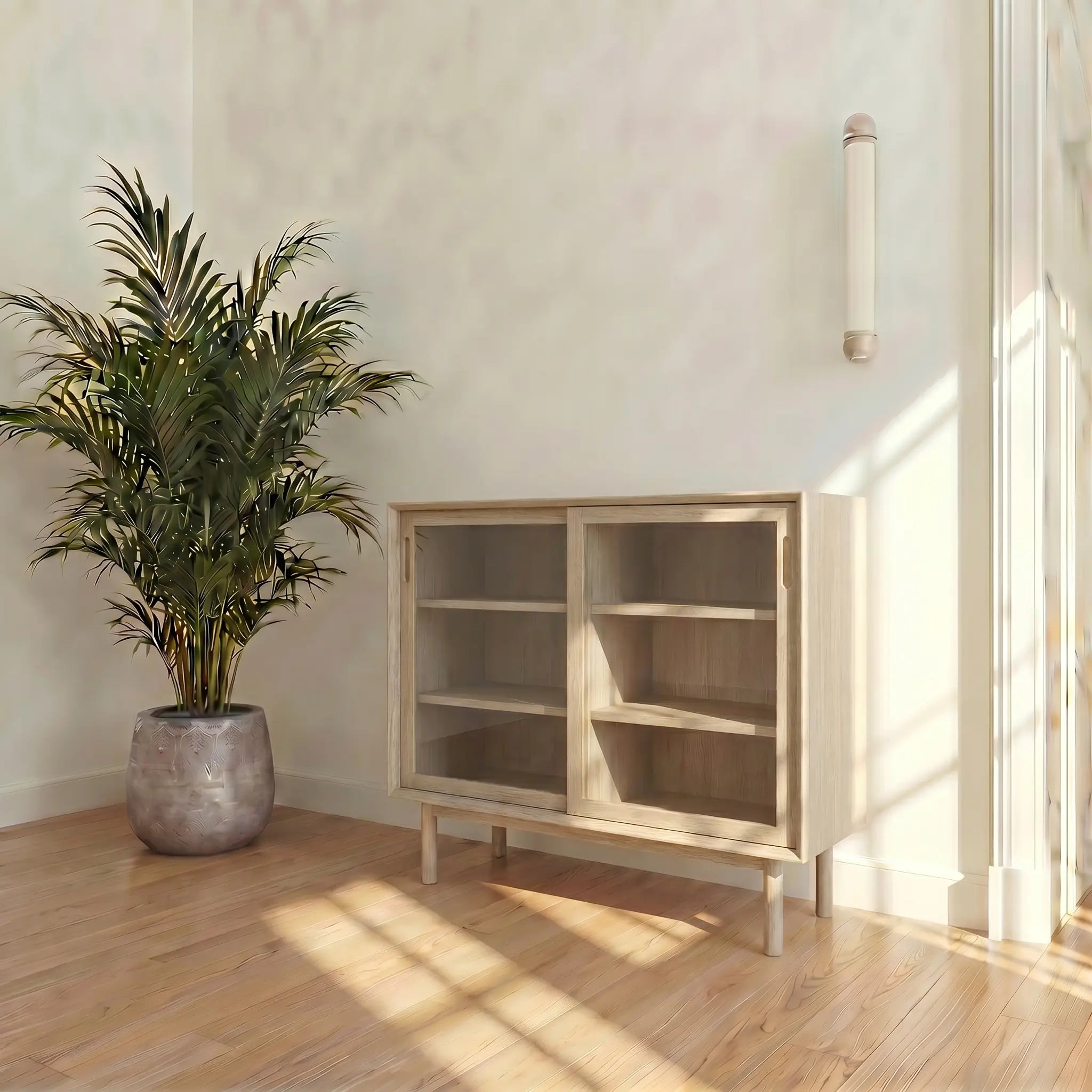 Veneto Italia Cabinets Kodama Glass Cabinet – Modern Oak Storage Cabinet with Glass Doors