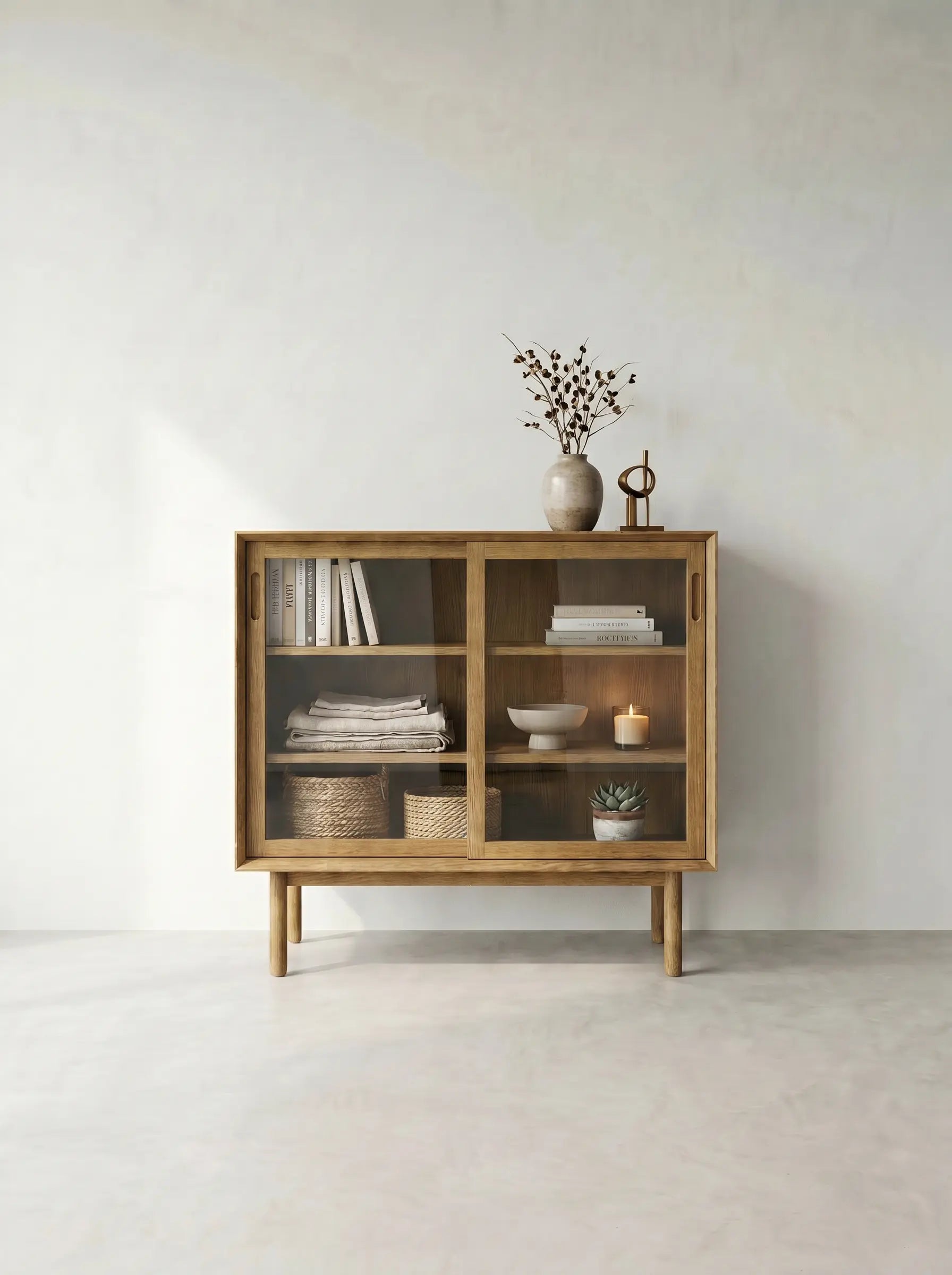 Veneto Italia Cabinets Kodama Glass Cabinet – Modern Oak Storage Cabinet with Glass Doors