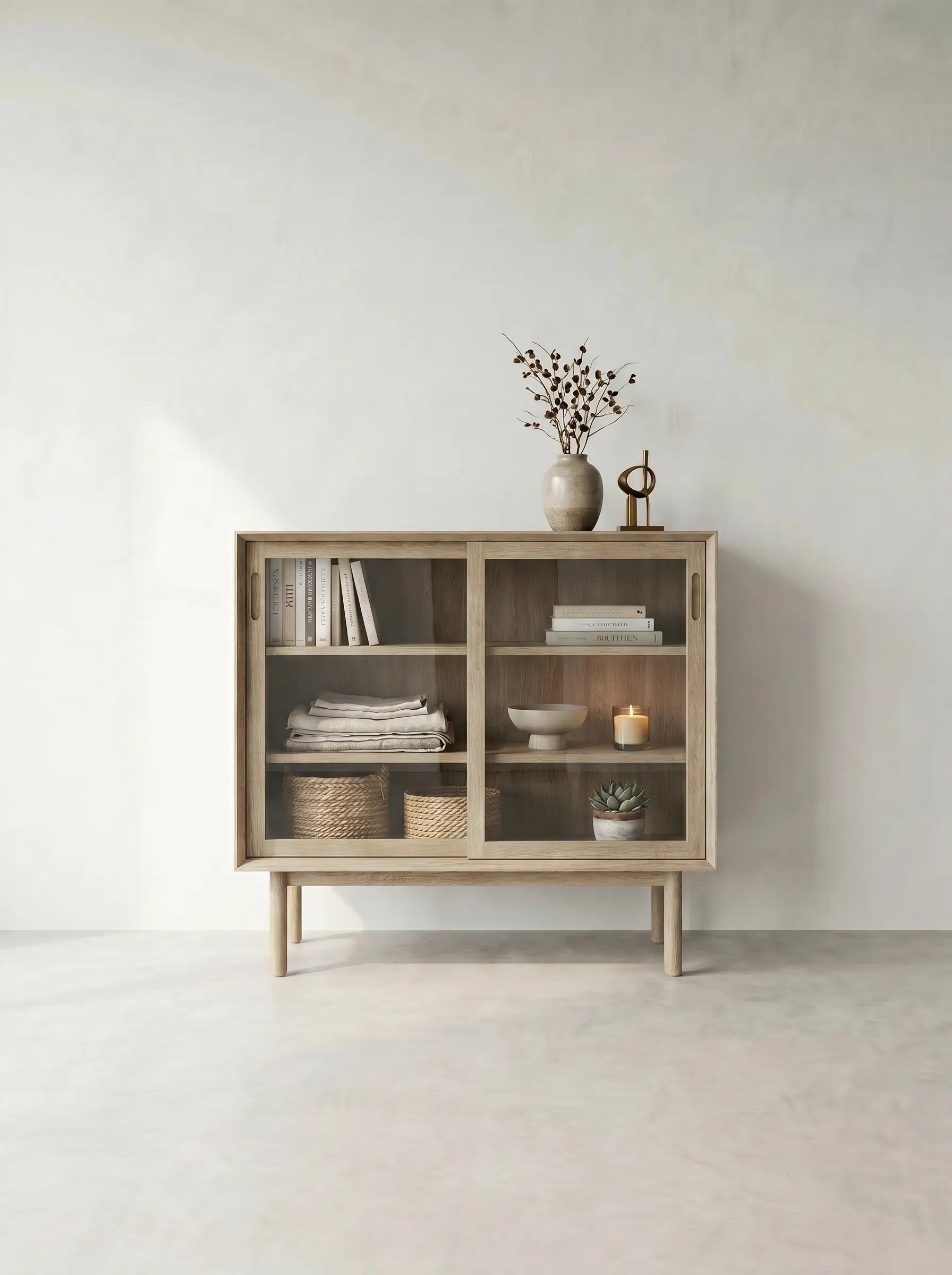 Veneto Italia Cabinets Kodama Glass Cabinet – Modern Oak Storage Cabinet with Glass Doors