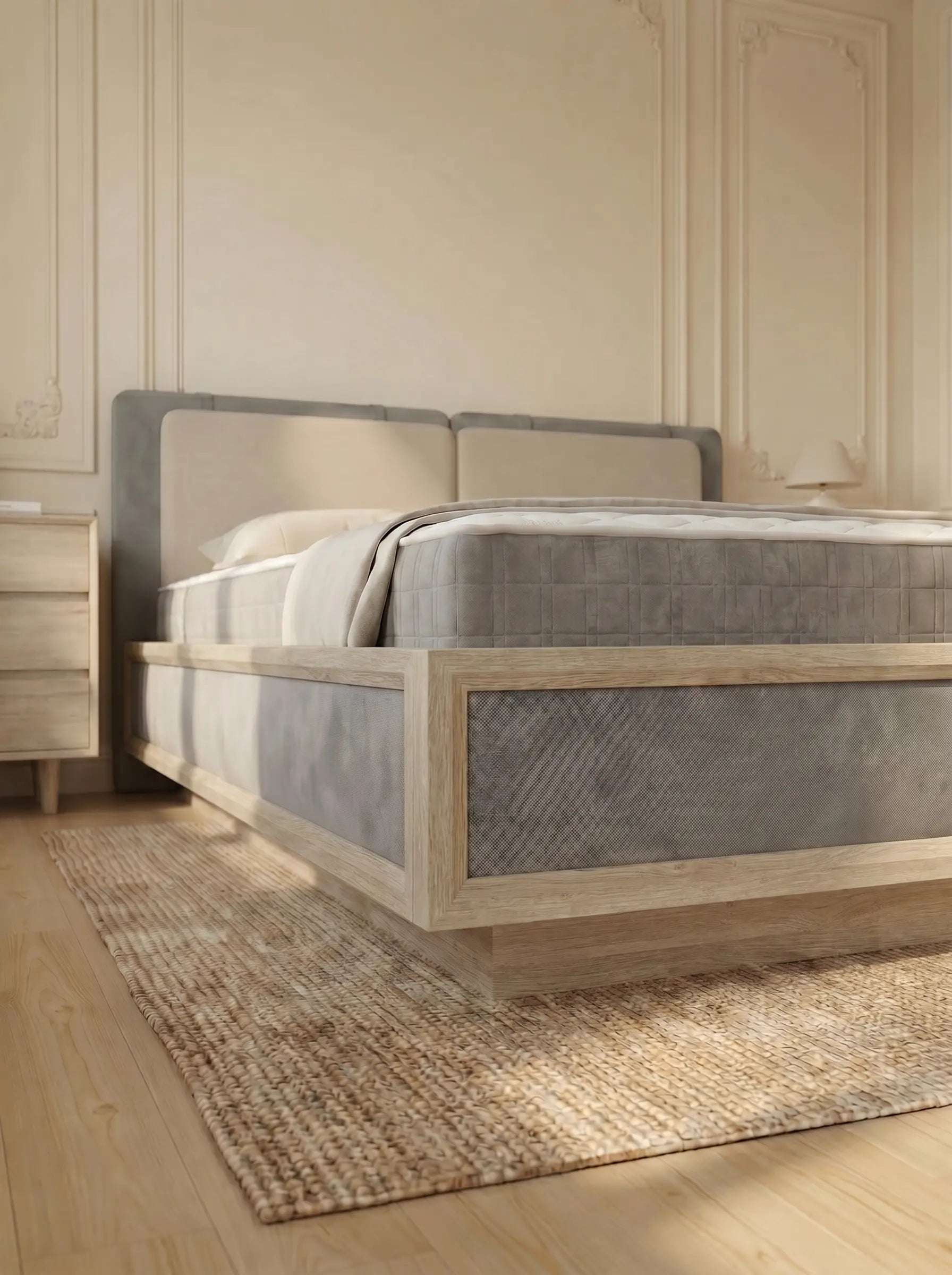 Veneto Italia  Discover Kodama Bed – Natural Oak Bed with Soft Upholstered Details