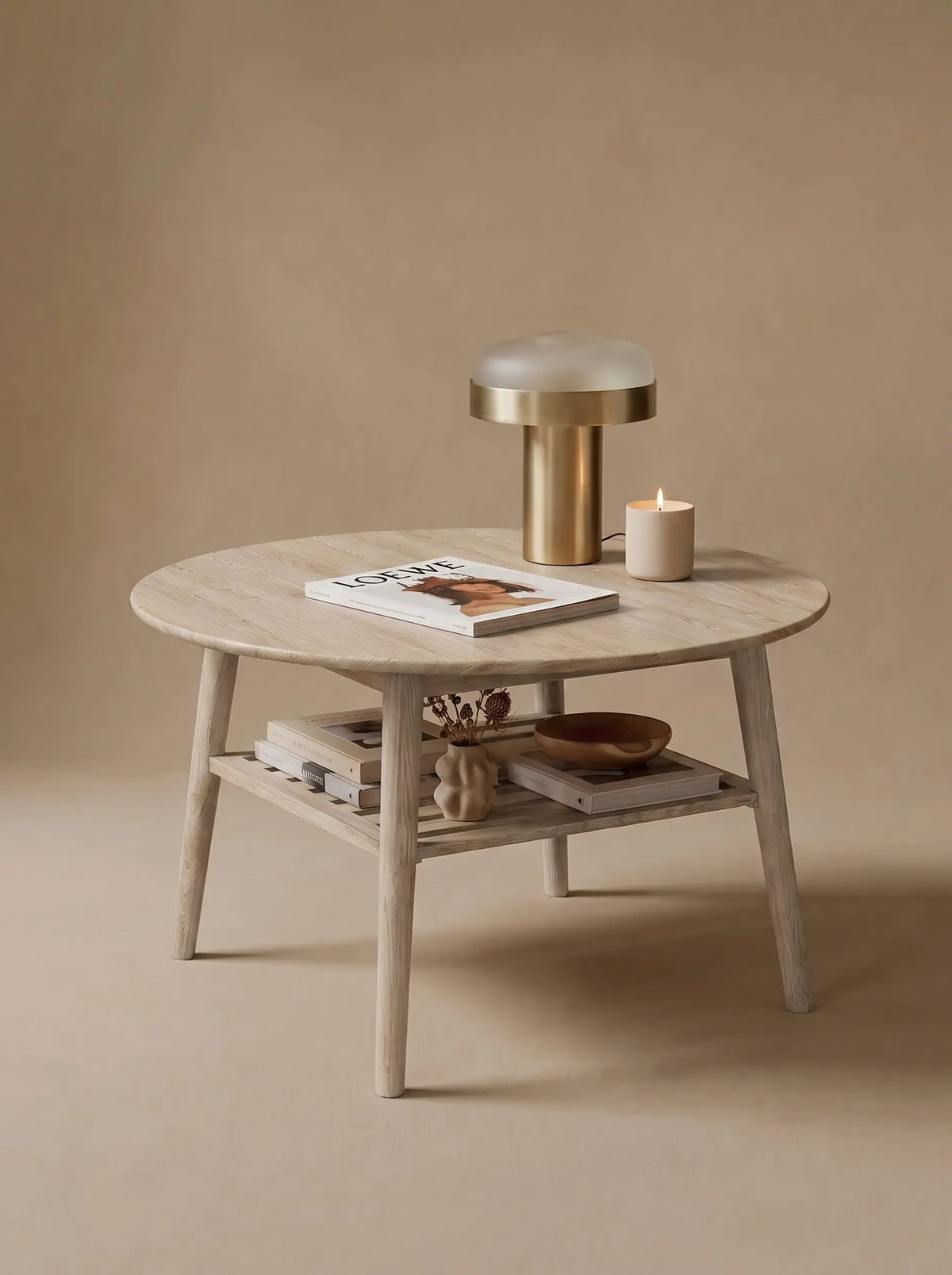 Veneto Italia Tables Erie Oak Round Coffee Table with Shelf
